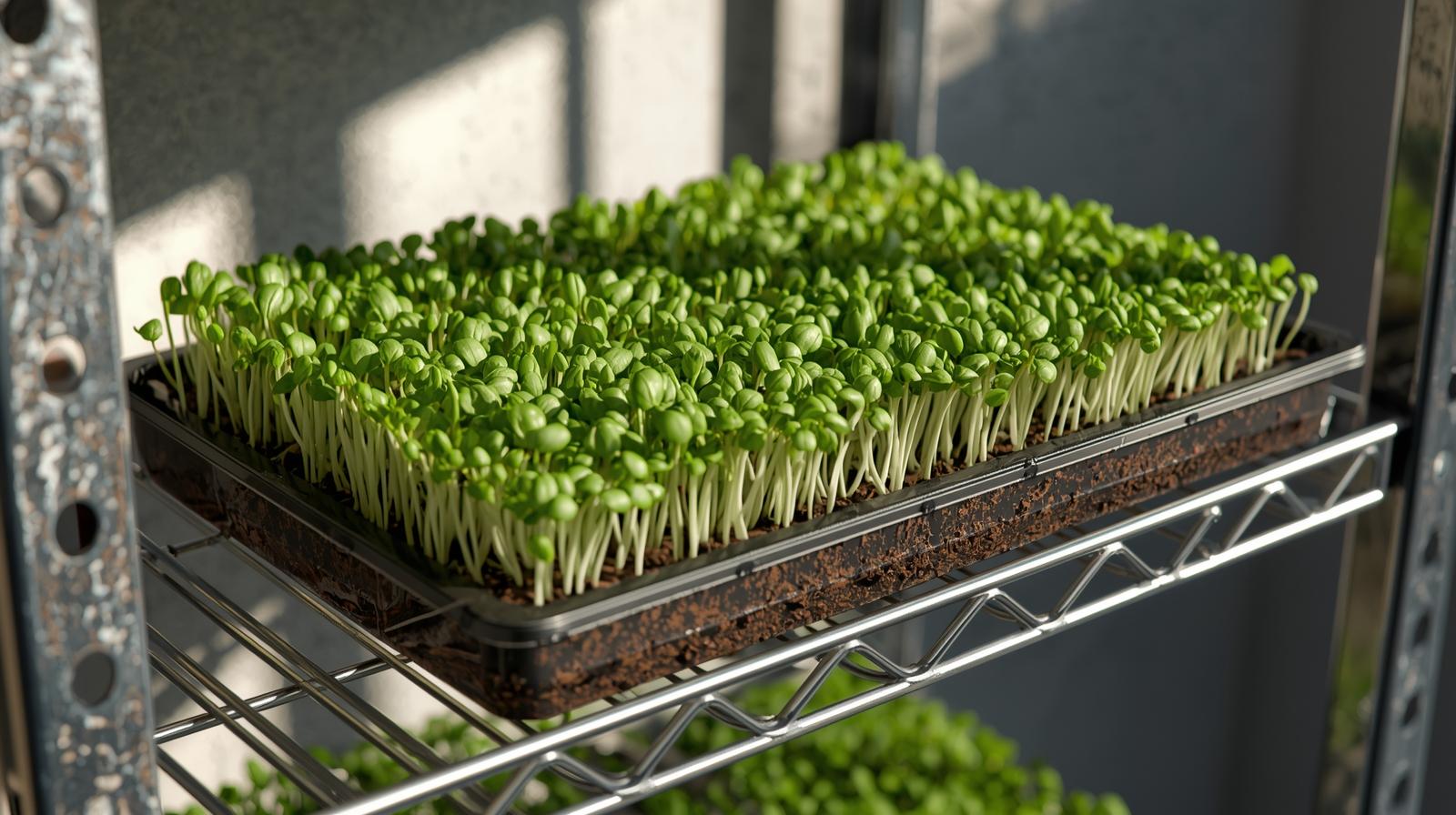 Tray of fresh microgreens growing in soil on garage shelf setup for growing microgreens at home