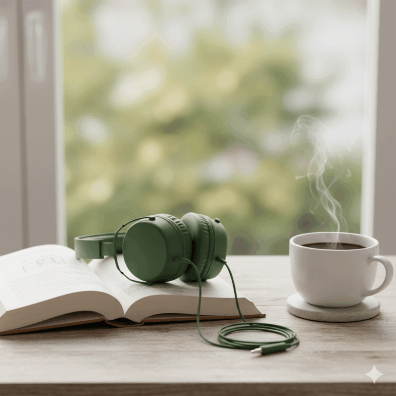 Open book beside green headphones and a steaming cup of coffee on a windowsill, with soft morning light and blurred greenery outside — symbolising daily habits