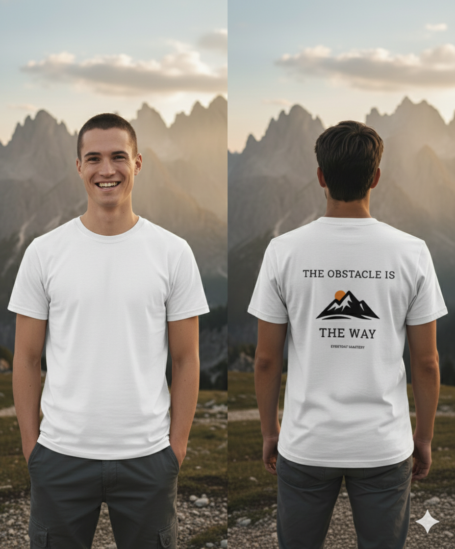 White T-shirt with the phrase The Obstacle Is The Way printed above a mountain graphic, symbolising resilience and a growth mindset