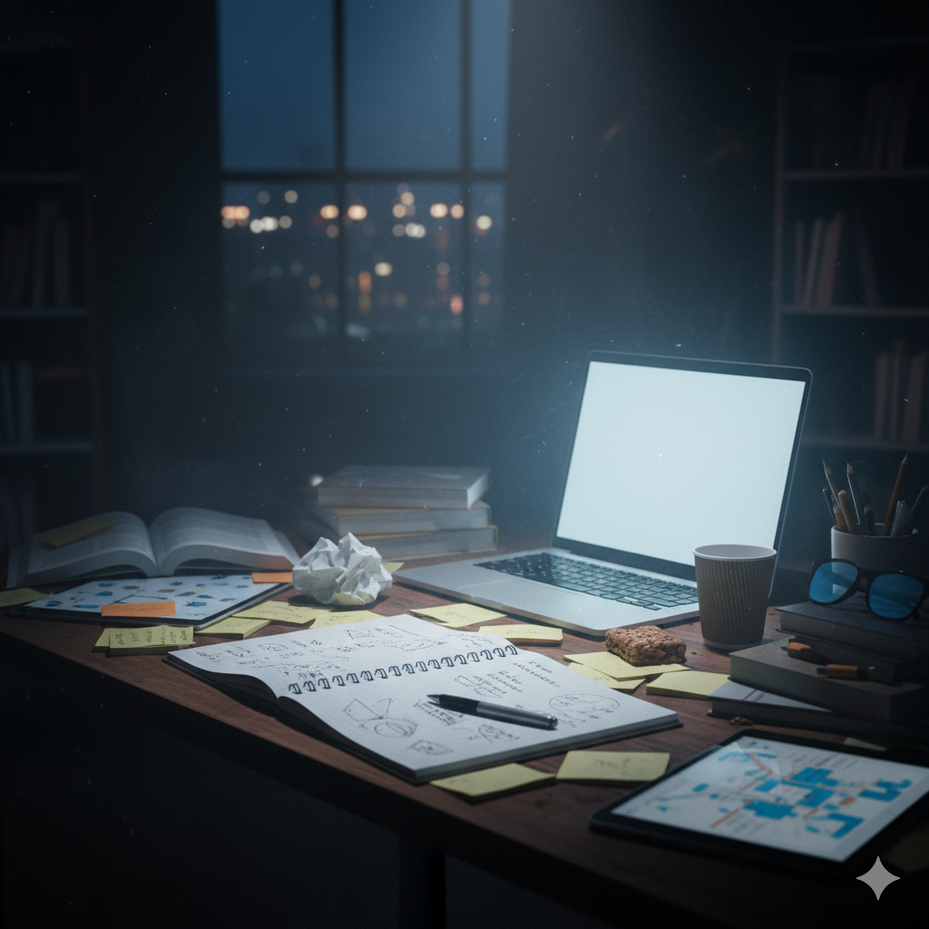Moody desk scene at night with an open laptop, scattered notes, coffee cup, and crumpled paper, symbolising late-night creativity and the growth mindset process