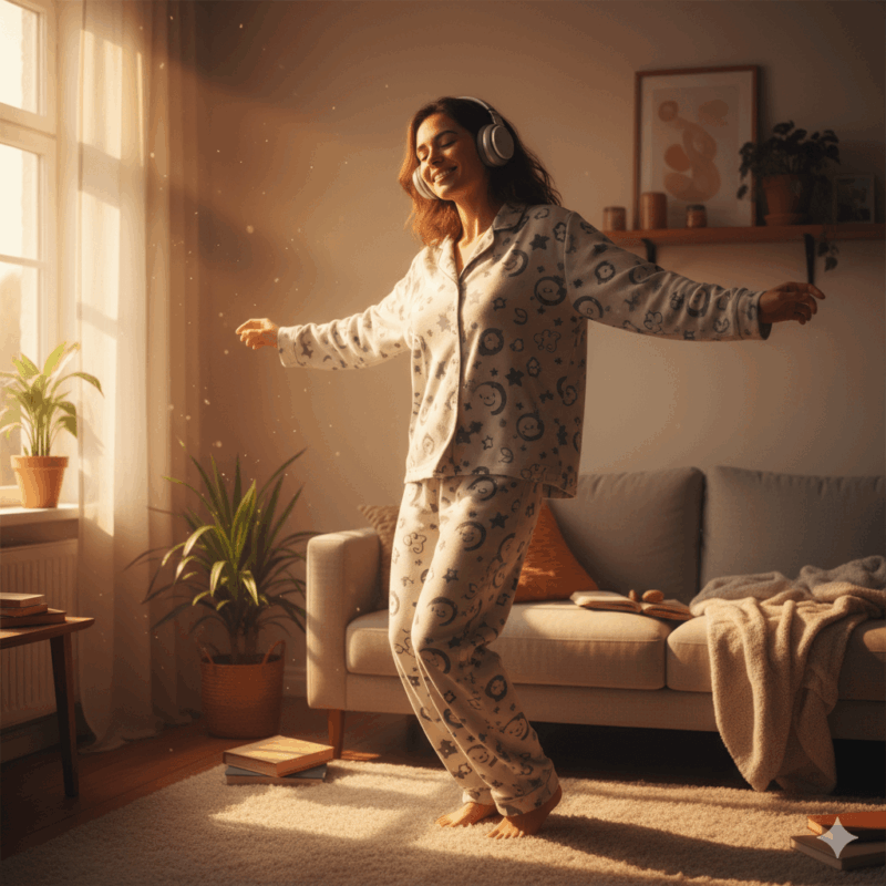 Woman dancing joyfully in morning sunlight while wearing cosy pyjamas and headphones in her living room, symbolising the energising effect of morning movement and natural mood-boosting endorphins.”