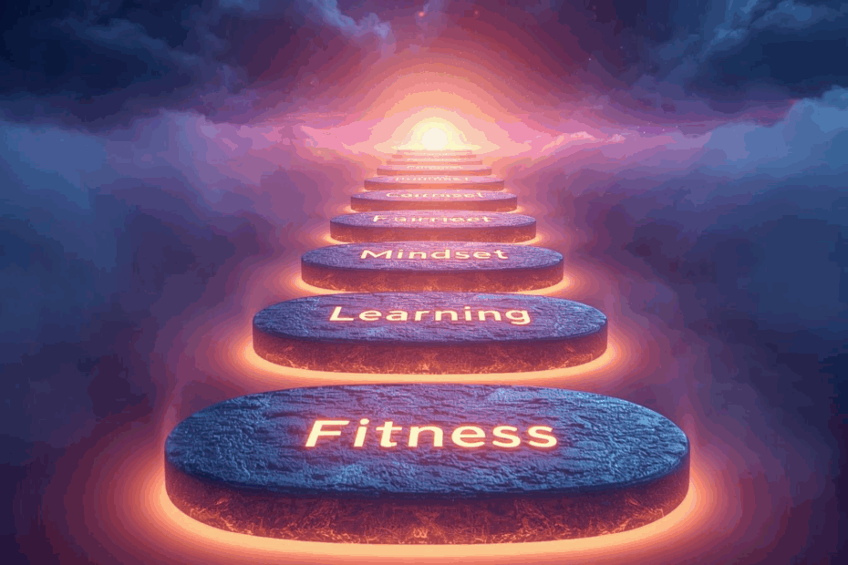 Digital illustration of glowing stepping stones leading into the horizon, with Growth Mindset as the nearest stone followed by Learning, Mindset, Mastery, and Focus.