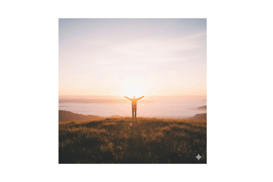 Person standing on a hill at sunrise with arms open, symbolising emotional release, peace, and letting go of the past.