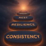 Four glowing stone steps float in dark clouds, each engraved with a word: DOUBT, REST, RESILIENCE, and CONSISTENCY. The stones shine with a warm amber glow, leading upward toward a radiant light on the horizon. Starting over