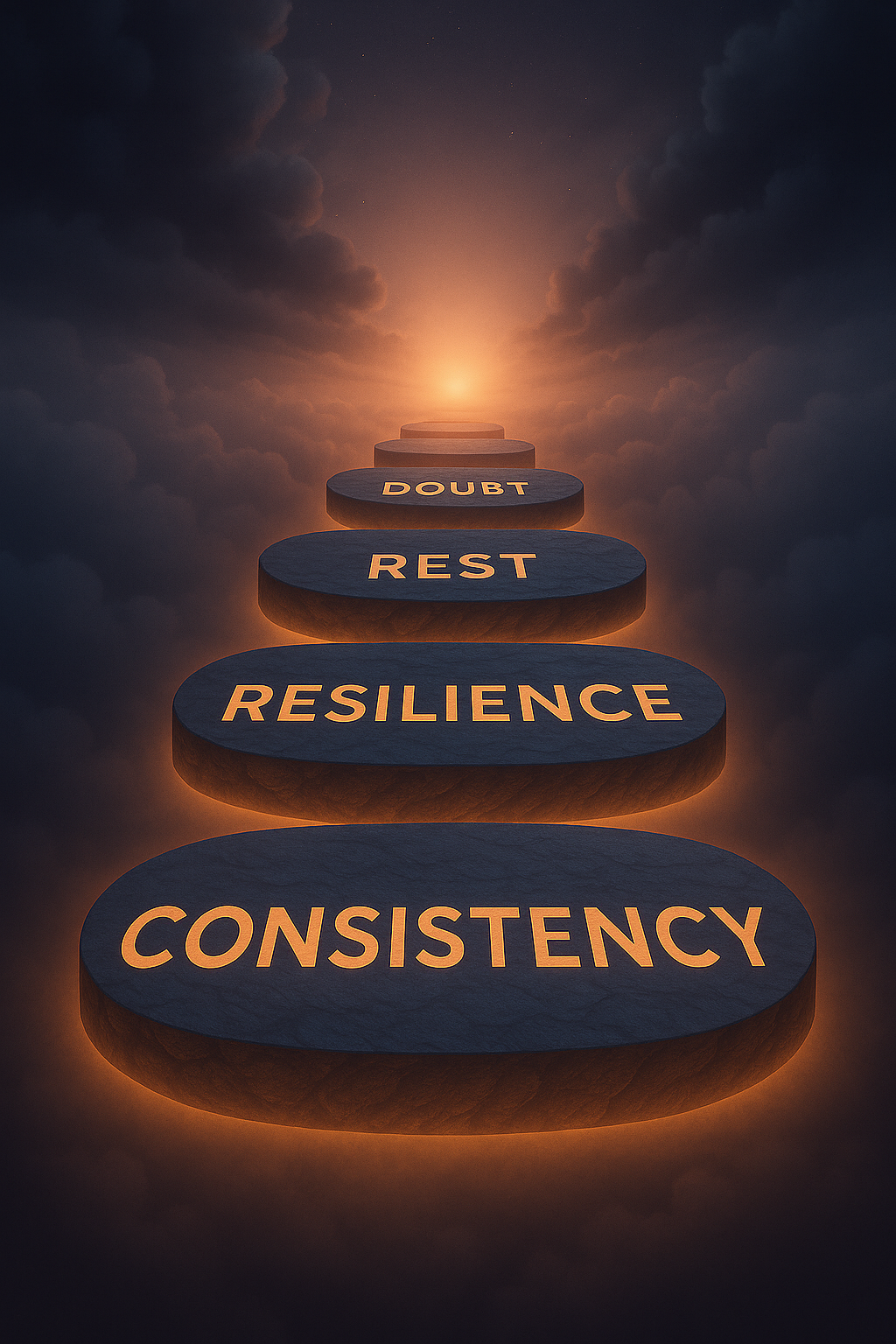 Four glowing stone steps float in dark clouds, each engraved with a word: DOUBT, REST, RESILIENCE, and CONSISTENCY. The stones shine with a warm amber glow, leading upward toward a radiant light on the horizon. Starting over