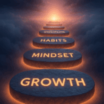 A 3D glowing pathway of floating stone steps in the clouds, each engraved with words—Growth, Mindset, Habits, Discipline—symbolizing the journey of building everyday mastery toward a bright horizon