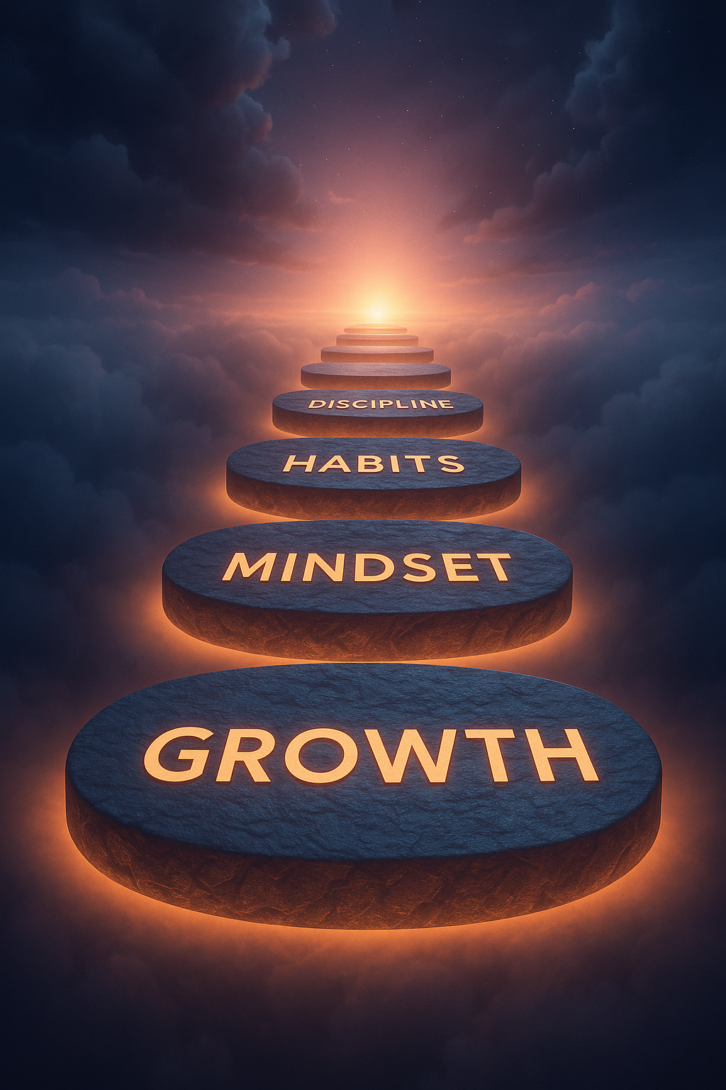 A 3D glowing pathway of floating stone steps in the clouds, each engraved with words—Growth, Mindset, Habits, Discipline—symbolizing the journey of building everyday mastery toward a bright horizon