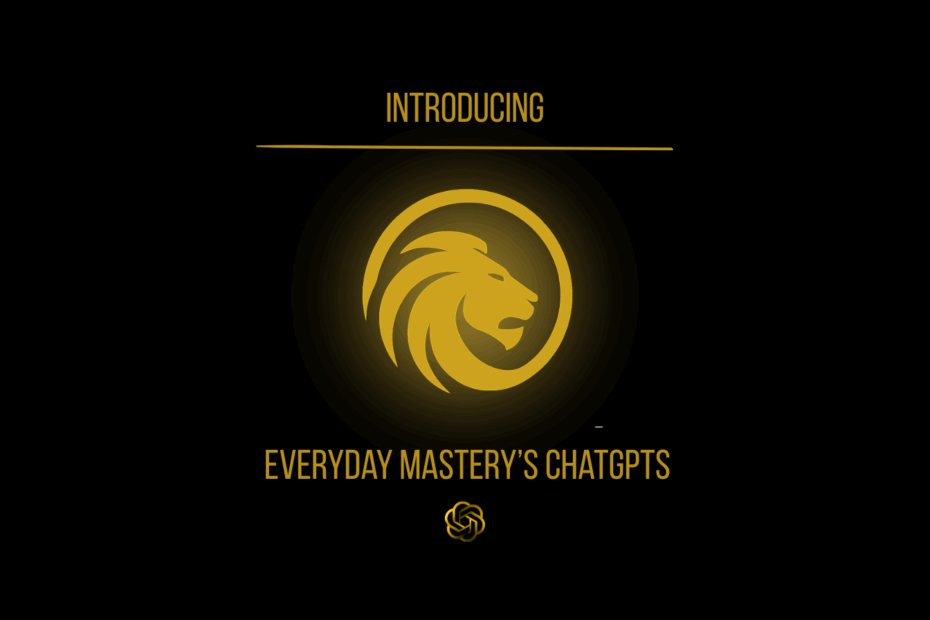 Black and gold digital graphic introducing Everyday Mastery’s ChatGPTs, featuring a glowing lion logo with modern minimalist design