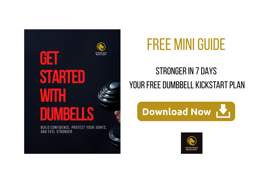 Free 7-day dumbbell workout plan for beginners – Everyday Mastery ebook cover with guide download button