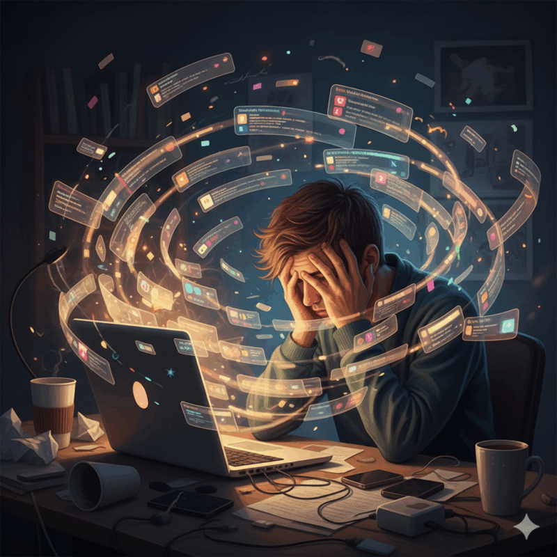 Person sitting at a laptop surrounded by too many browser tabs, symbolising information overload in the digital age