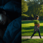 A split-scene realistic photo showing depression recovery: on the left, a tired person lies awake in bed at night with depression and racing thoughts; on the right, the same person walks calmly in nature during daylight, holding healthy food and looking peaceful.