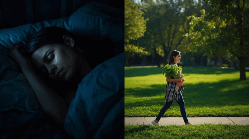 A split-scene realistic photo showing depression recovery: on the left, a tired person lies awake in bed at night with depression and racing thoughts; on the right, the same person walks calmly in nature during daylight, holding healthy food and looking peaceful.