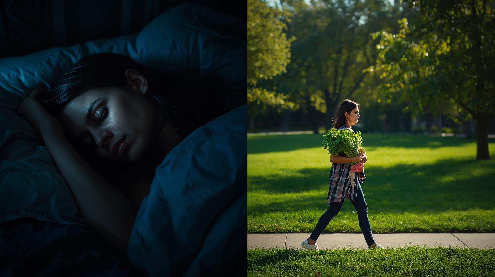 A split-scene realistic photo showing depression recovery: on the left, a tired person lies awake in bed at night with depression and racing thoughts; on the right, the same person walks calmly in nature during daylight, holding healthy food and looking peaceful.