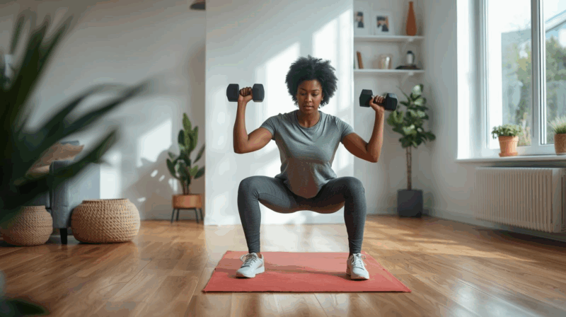 Woman demonstrating proper form with dumbbells for everyday mastery strength training routine