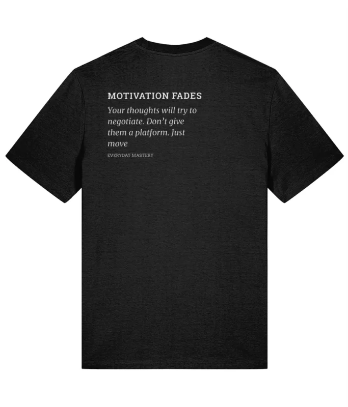 Speaking of motivation fading... this reminder sits on my desk daily. Sometimes the simplest truths need the boldest statements." [Image of the t-shirt]