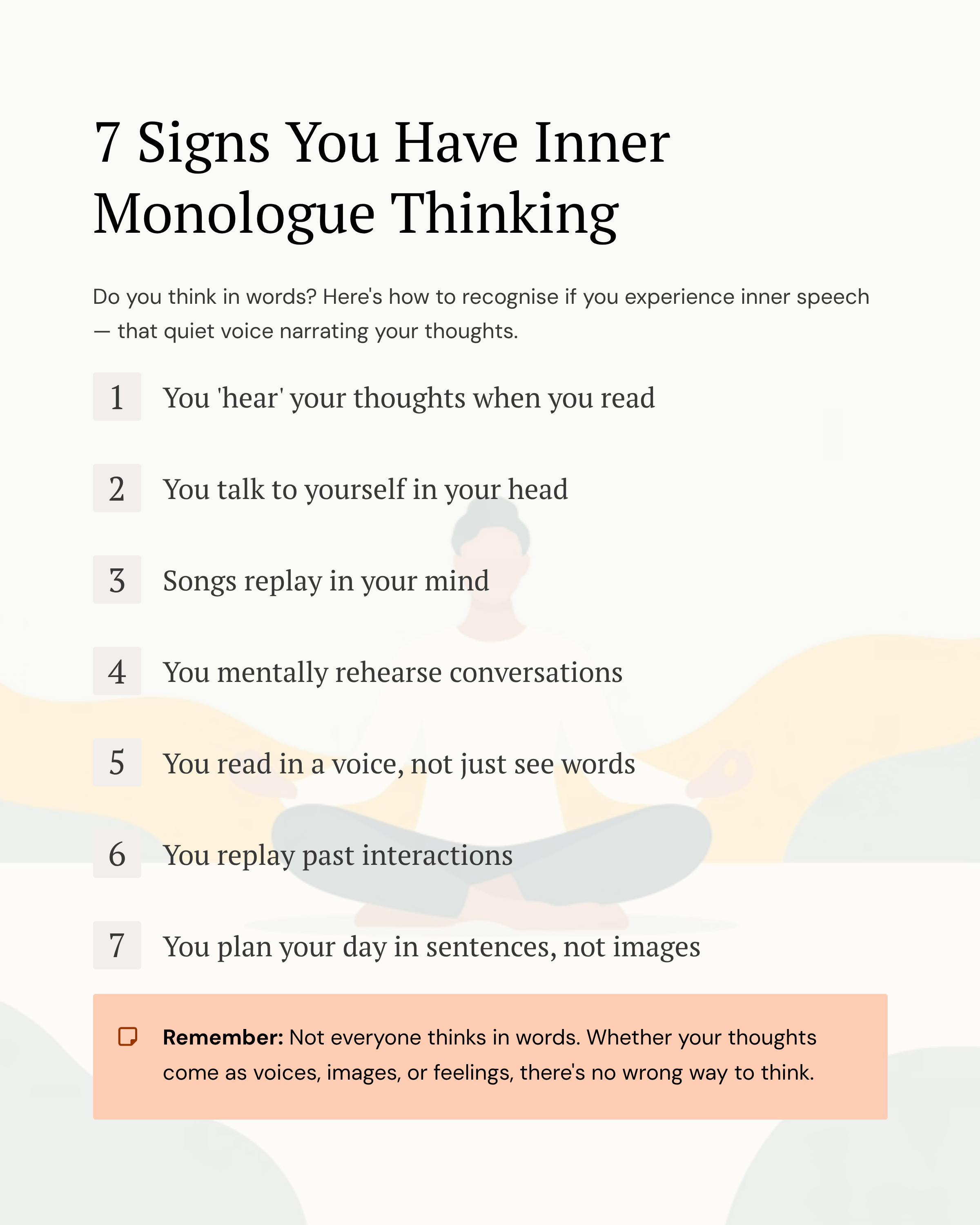 Minimalist infographic titled “7 Signs You Have Inner Monologue Thinking,” listing seven signs such as hearing your thoughts, talking to yourself in your head, replaying songs and conversations, and planning your day in sentences. A soft beige and orange design with a calm figure meditating in the background.