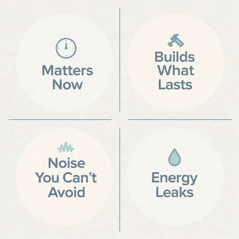 Simple four-quadrant chart showing the Everyday Mastery Values Matrix with calm tones and minimalist design symbolising meaningful progress