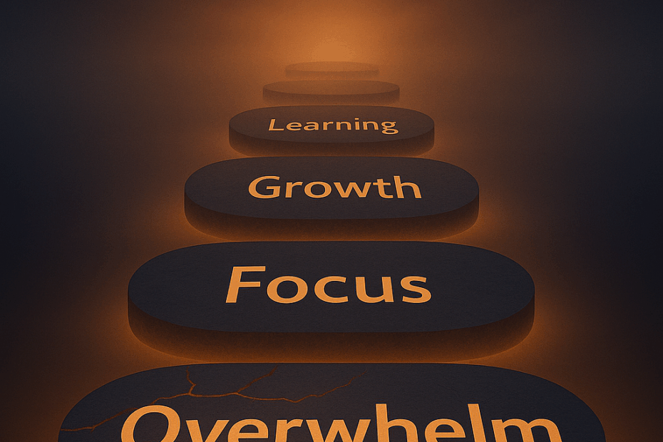 Glowing cracked stone labeled “Overwhelm” followed by smooth stones “Focus,” “Growth,” “Learning,” and “Mastery,” symbolising calm after chaos.