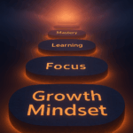 Stepping stones glowing on a path into the horizon, engraved with words like Overwhelm, Learning, Growth, Mastery, Focus, and Mindset—representing the Everyday Mastery journey