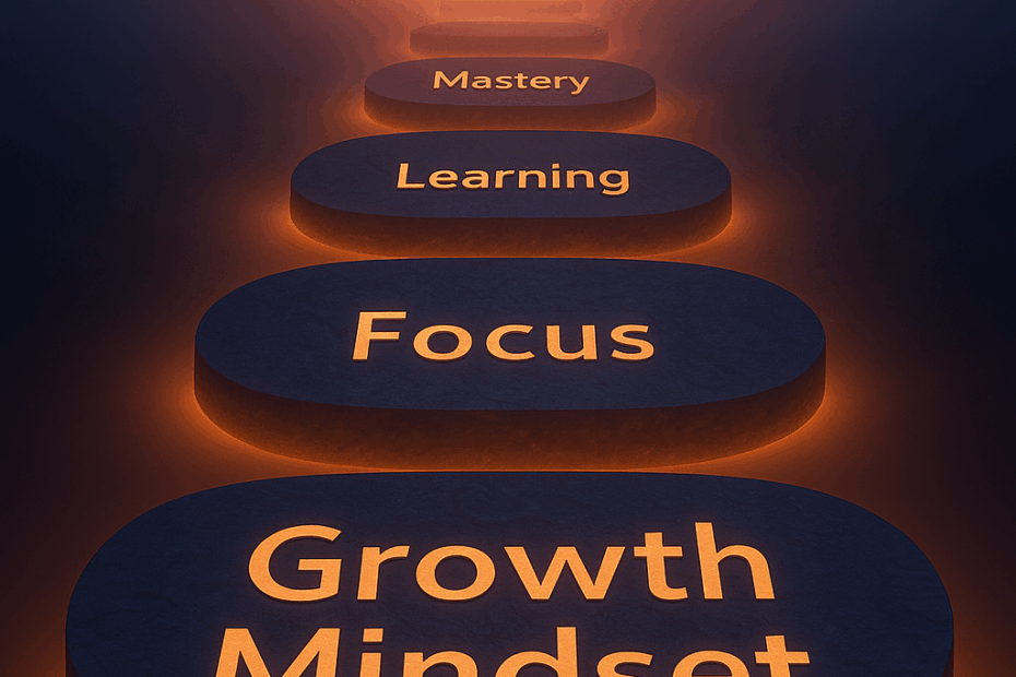 Stepping stones glowing on a path into the horizon, engraved with words like Overwhelm, Learning, Growth, Mastery, Focus, and Mindset—representing the Everyday Mastery journey