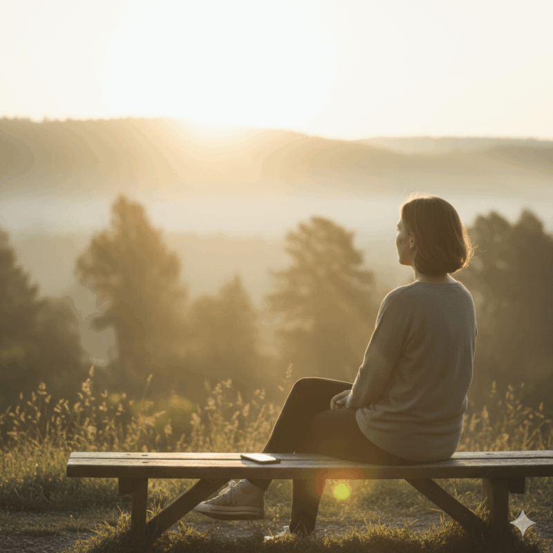 A person sitting on a wooden bench at sunrise, phone placed beside them, gazing quietly at the horizon — symbolising mindful disconnection and the calm clarity of a digital detox.