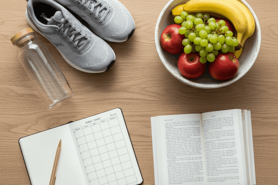 Flat lay of trainers, water bottle, journal, and fruit bowl on a wooden surface symbolising everyday habit triggers that support healthy routines