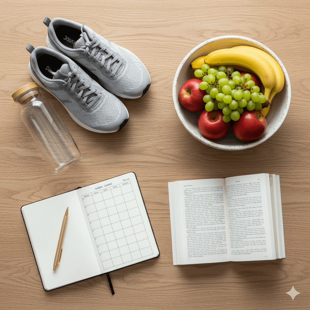 Flat lay of trainers, water bottle, journal, and fruit bowl on a wooden surface symbolising everyday habit triggers that support healthy routines