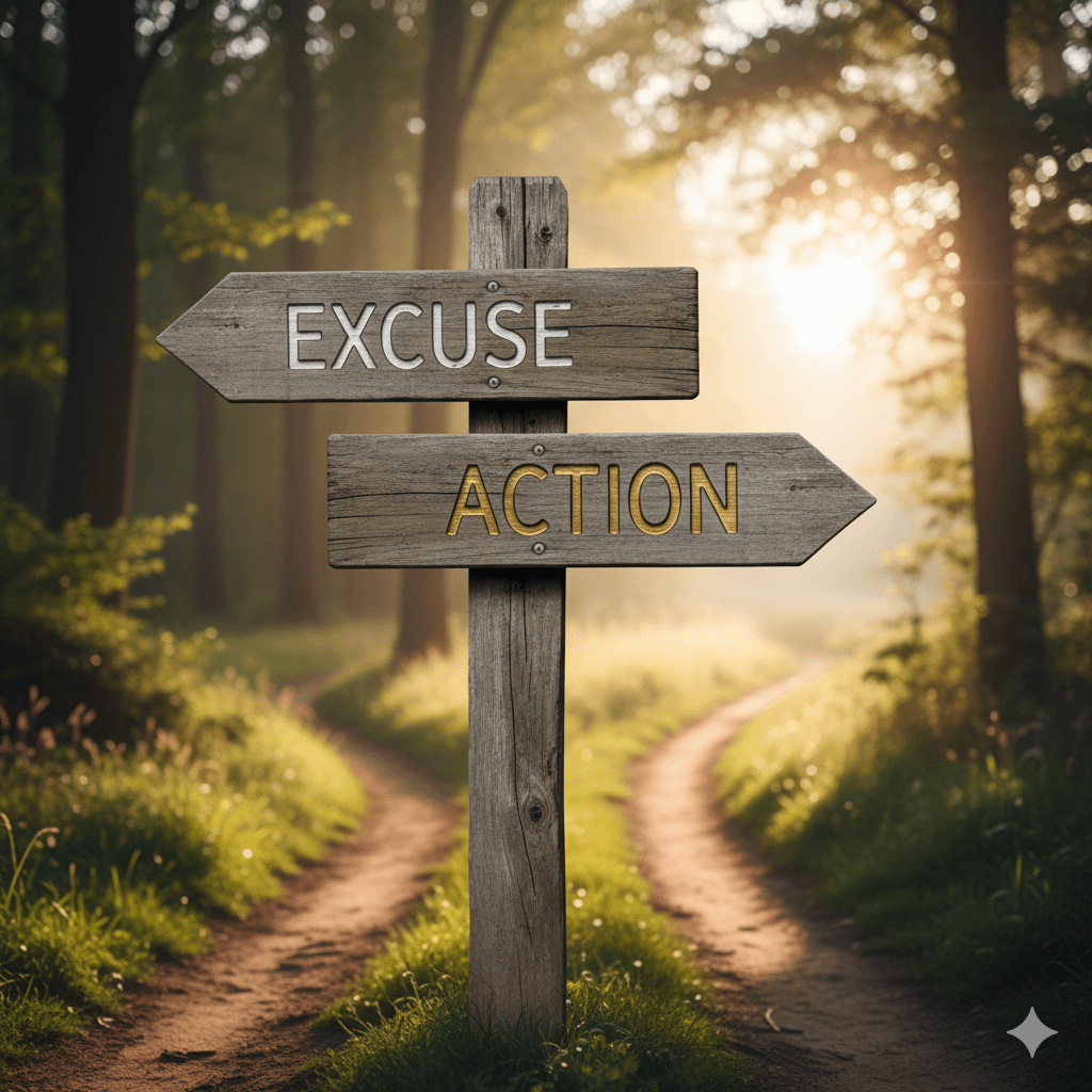 Wooden crossroads signpost in a forest with two directional arrows - one pointing to Excuse and one pointing to Action - symbolizing the daily choice between making excuses or taking action toward goals