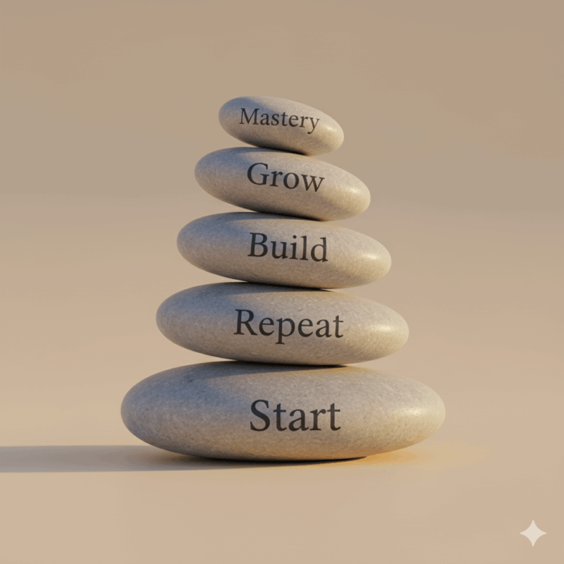 Stack of smooth stones engraved with the words Start, Repeat, Build, Grow, and Mastery, symbolising calm progress and the layered process of habit stacking
