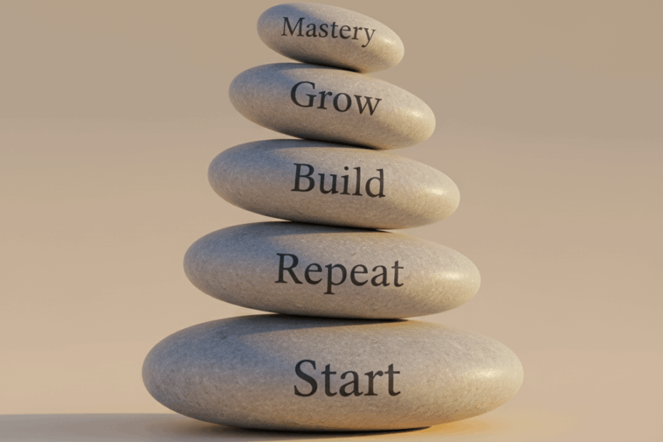 Stack of smooth stones engraved with the words Start, Repeat, Build, Grow, and Mastery, symbolising calm progress and the layered process of habit stacking