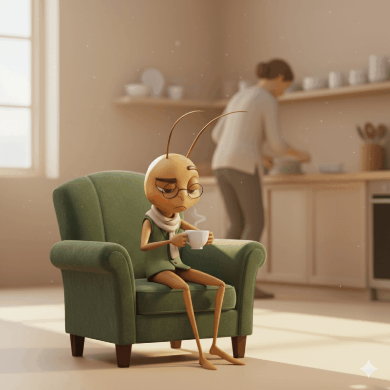 Illustrated cricket character in a green waistcoat sipping tea while watching someone tidy the kitchen, representing the inner critic learning to relax during healthy change.