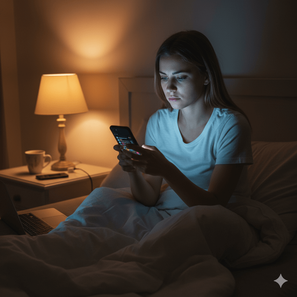 Woman sitting on bed scrolling phone at night with tired expression representing wasted time and autopilot habits before sleep