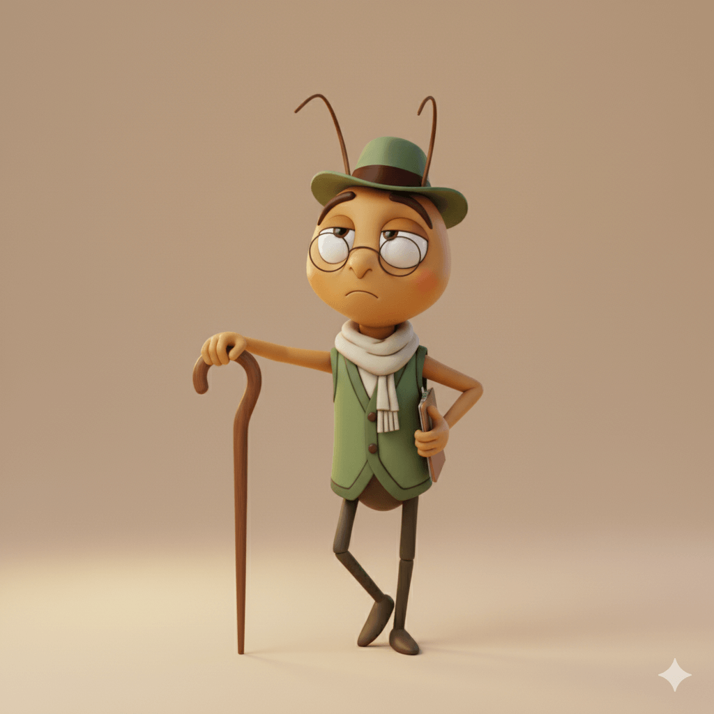 Illustration of Mr Critic, the inner voice character, leaning on a walking stick and symbolising self-doubt before realising the mental benefits of walking