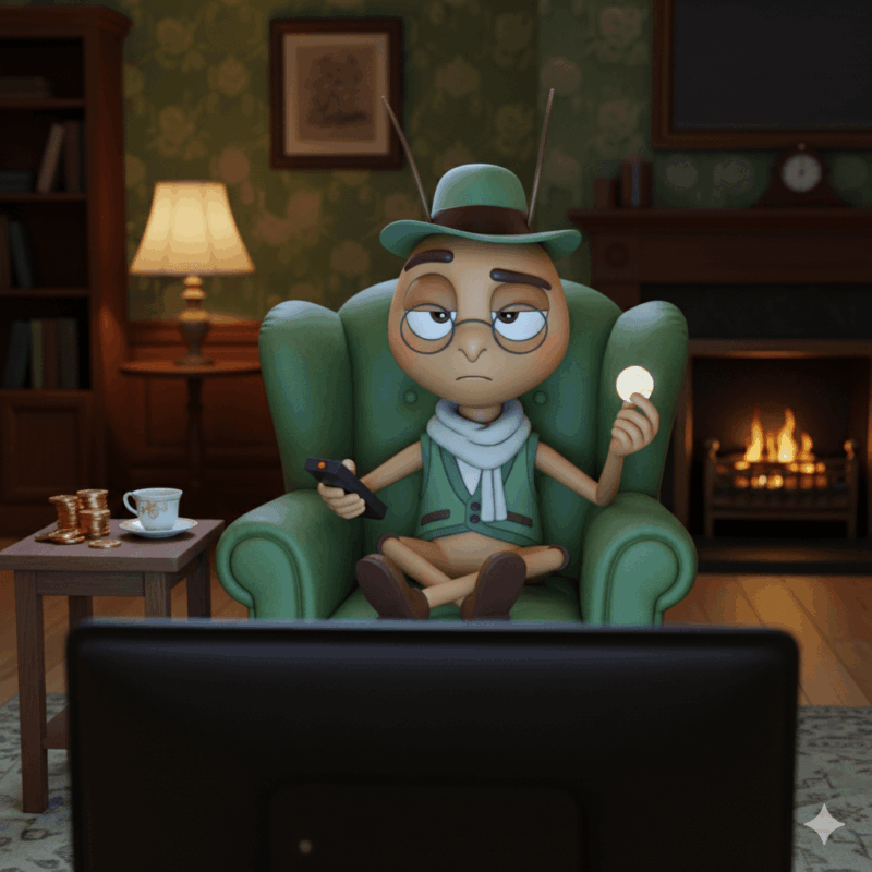 3-D illustration of Mr Critic sitting in an armchair holding a glowing life token and TV remote, symbolising the inner voice that justifies wasted time