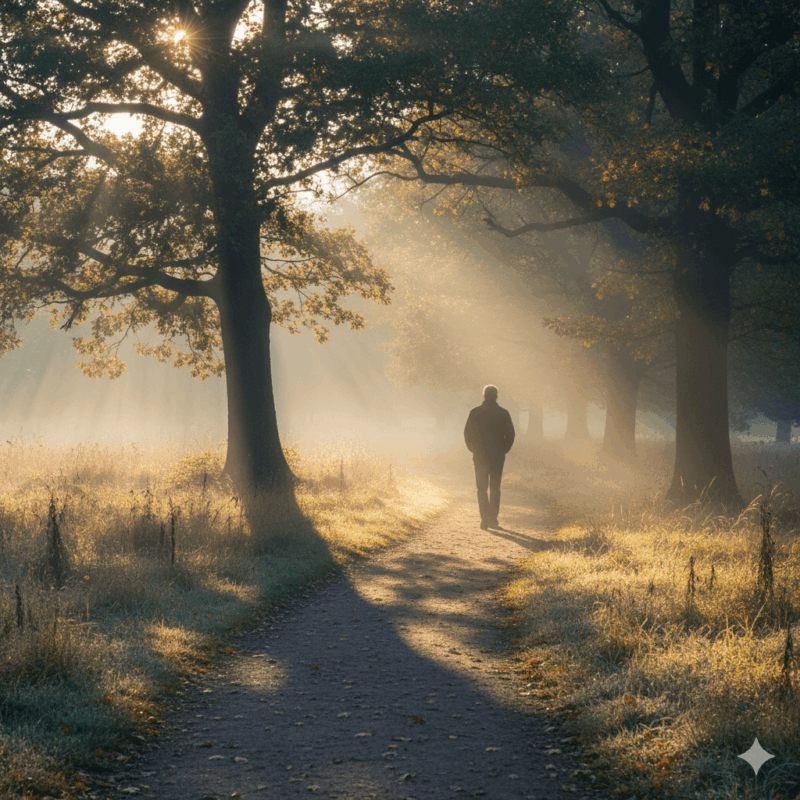 Person walking through a tree-lined UK path at sunrise, showing the mental health benefits of walking and the calm gained from morning movement