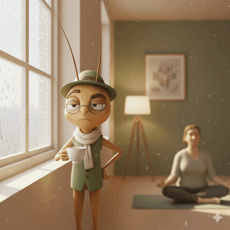 Mr Critic character standing by a rainy window with a cup of tea, watching someone meditate in the background — a light-hearted take on mindfulness for beginners.