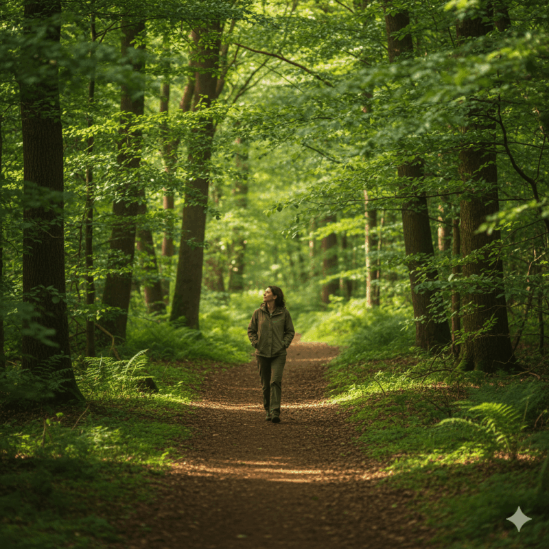Person walking mindfully through a green forest path, representing mindfulness, stress relief, and the holistic benefits of walking in nature.