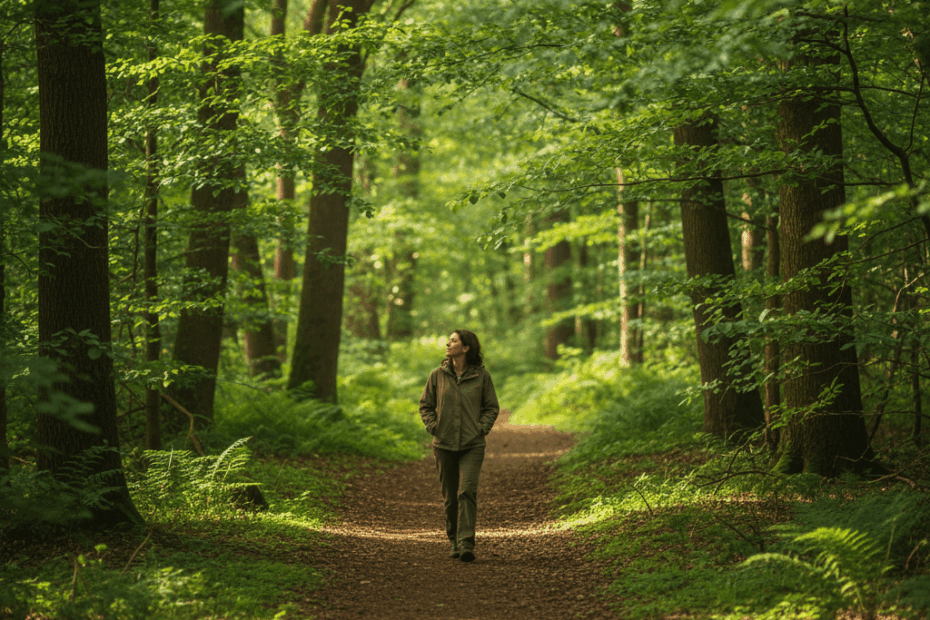 Person walking mindfully through a green forest path, representing mindfulness, stress relief, and the holistic benefits of walking in nature.