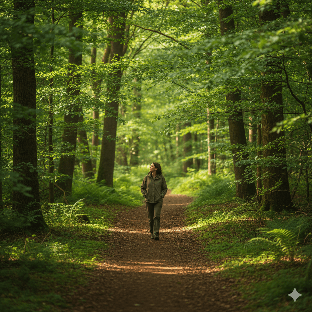 Person walking mindfully through a green forest path, representing mindfulness, stress relief, and the holistic benefits of walking in nature.