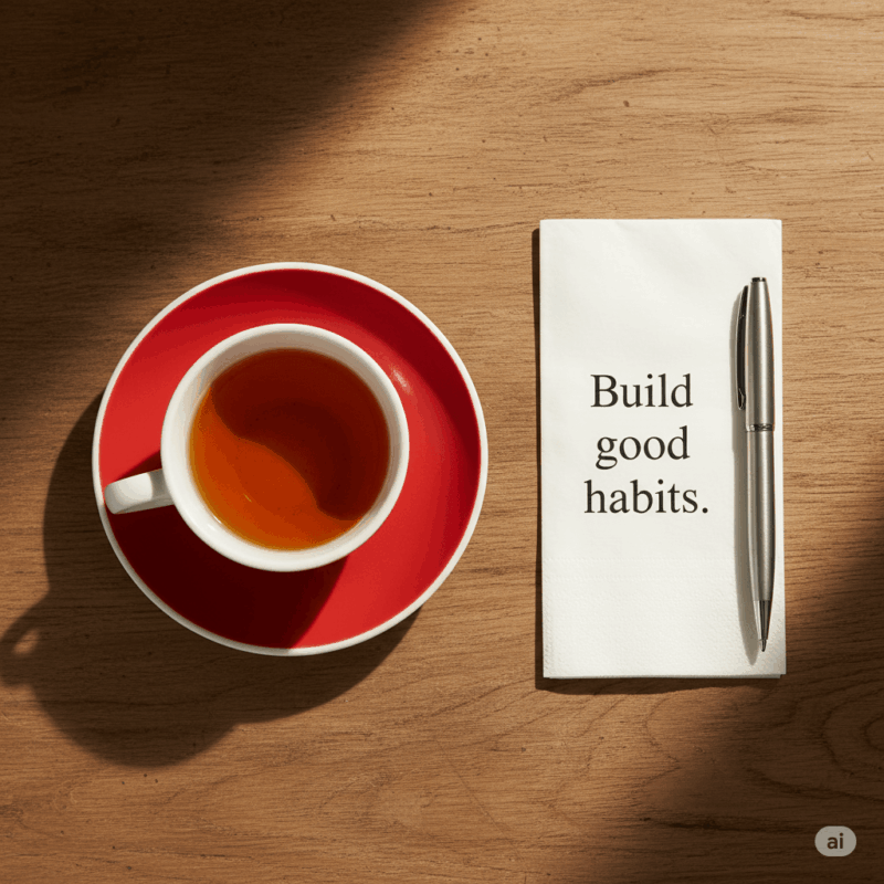 Red cup of tea on a wooden table beside a white napkin printed with “Build good habits” and a silver pen, symbolising calm daily routine and mindful productivity and habit building