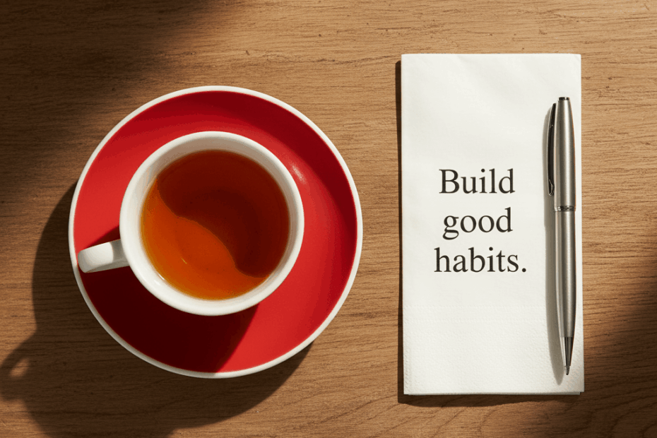 Red cup of tea on a wooden table beside a white napkin printed with “Build good habits” and a silver pen, symbolising calm daily routine and mindful productivity and habit building