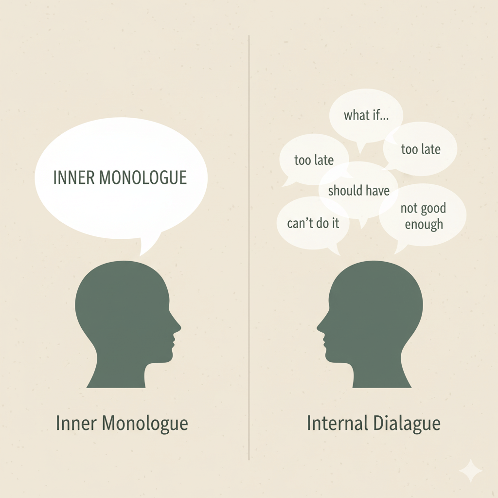 Minimalist infographic comparing inner monologue and internal dialogue using two human silhouettes with speech bubbles. The left shows a single calm thought labeled “INNER MONOLOGUE,” while the right shows overlapping thoughts like “too late,” “should have,” and “not good enough,” symbolising overthinking and self-criticism