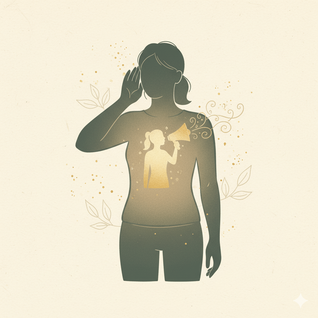Illustration of a woman listening with her hand to her ear while a smaller figure inside her chest speaks through a megaphone, representing the act of hearing one’s inner monologue