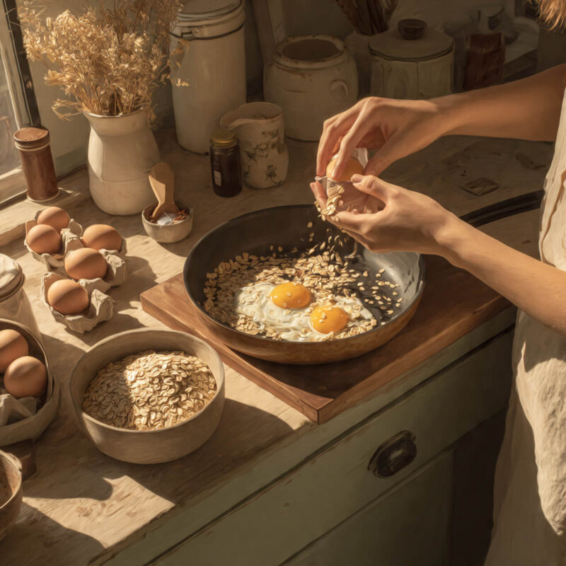 Hands cracking eggs into a pan with oats in a warm sunlit kitchen, representing simple real-food preparation and mindful eating