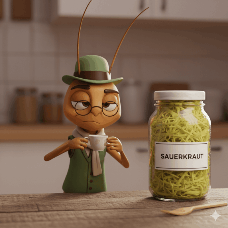 Illustration of Mr Critic, a small cricket in a green waistcoat sipping tea beside a jar of sauerkraut, representing the inner voice of doubt during healthy habit change.