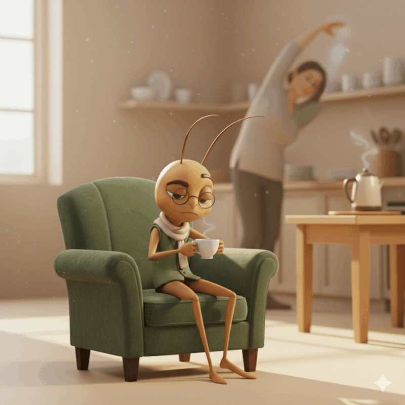 Mr Critic, a small cricket in a green waistcoat sipping tea on an armchair, watching someone stretch in the background, symbolising the inner critic’s quiet commentary during progress.