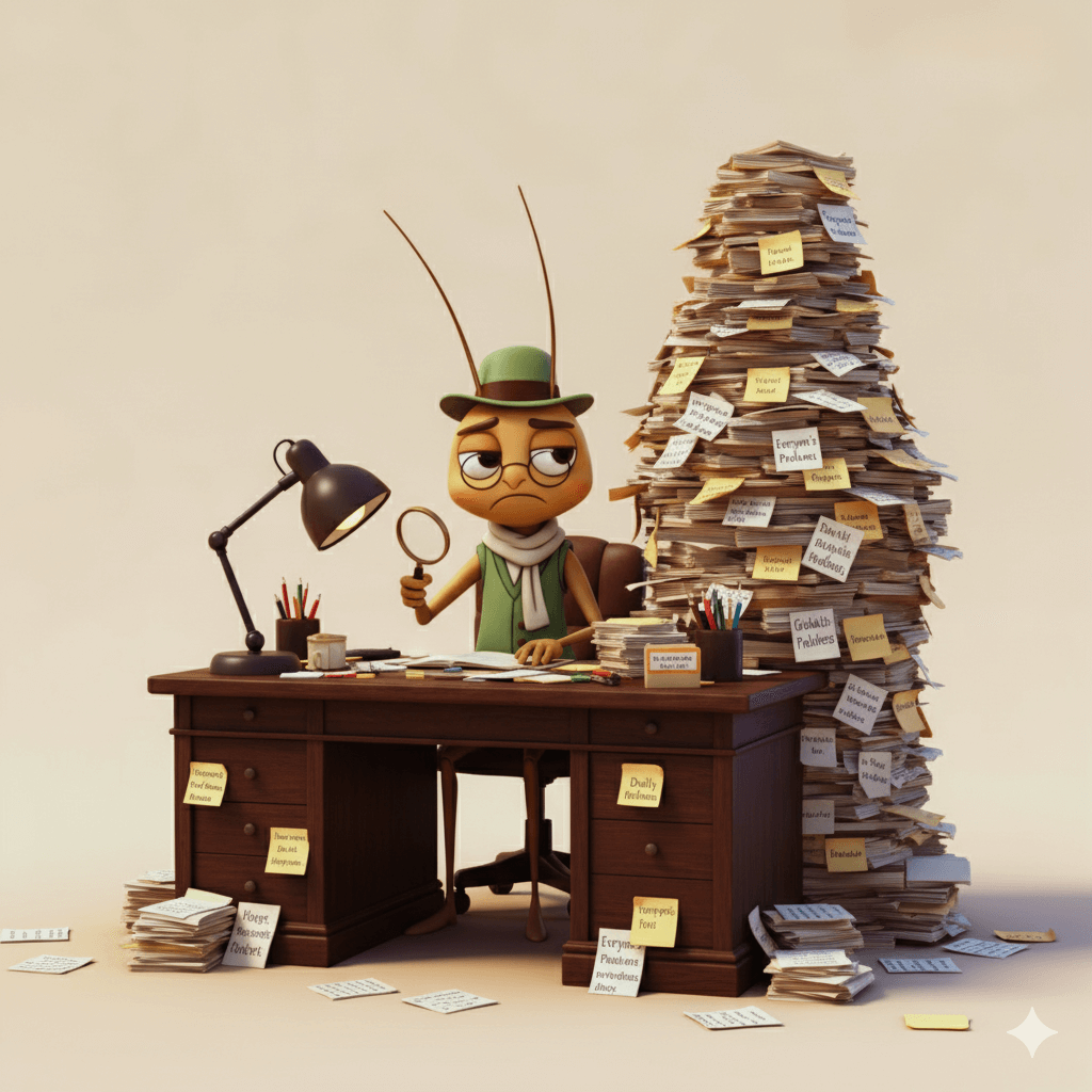 Illustration of Mr Critic, a small cricket in a waistcoat and scarf, buried under a desk of papers labelled ‘Everyone’s Problems,’ representing the inner critic that fuels decision fatigue