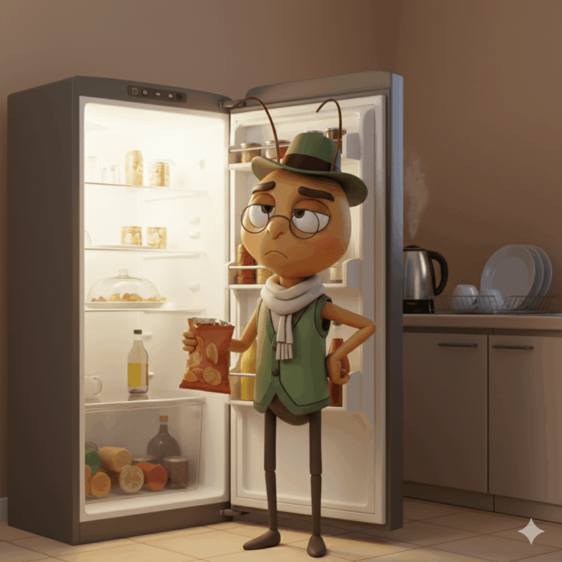 Illustration of Mr Critic standing by an open fridge at night, holding a crisp bag with one hand on his hip, symbolising late-night food temptation