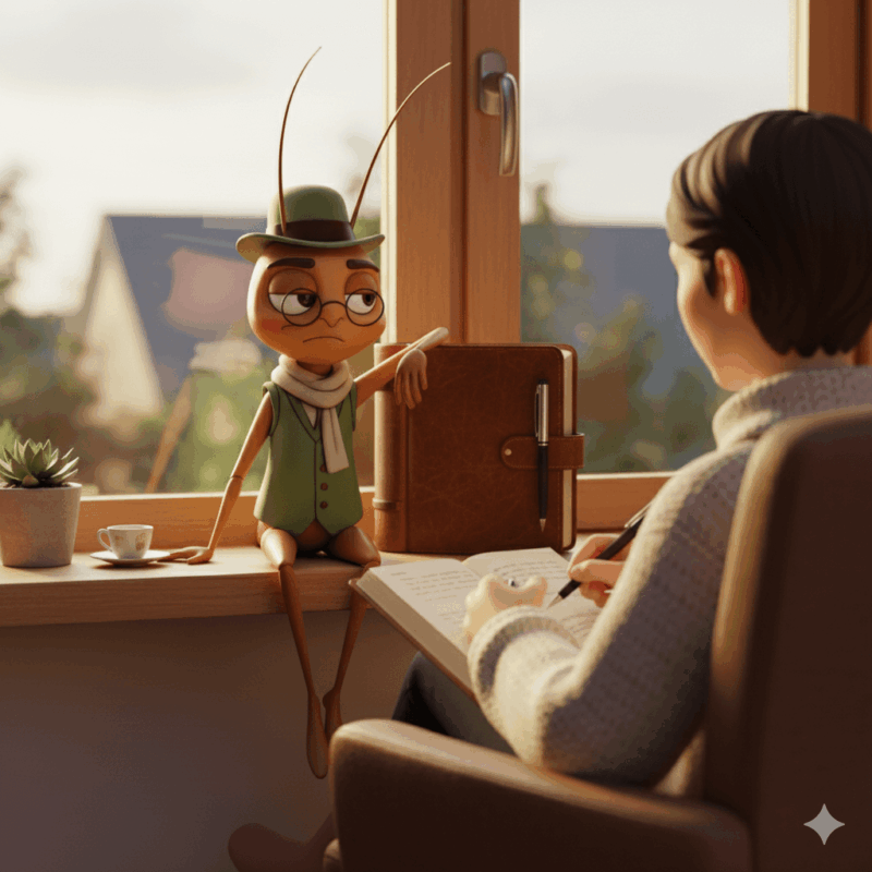 Mr Critic, a small cricket in waistcoat and scarf, perched on a windowsill beside a journal, representing the inner critic during Stoic reflection.