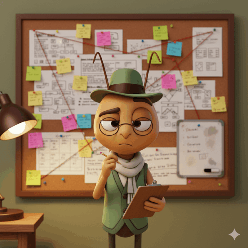 3D illustration of Mr Critic, a thoughtful cricket character wearing a green waistcoat, hat, and scarf, standing in front of a corkboard covered in pinned plans and colourful sticky notes, symbolising overthinking and unfinished plans